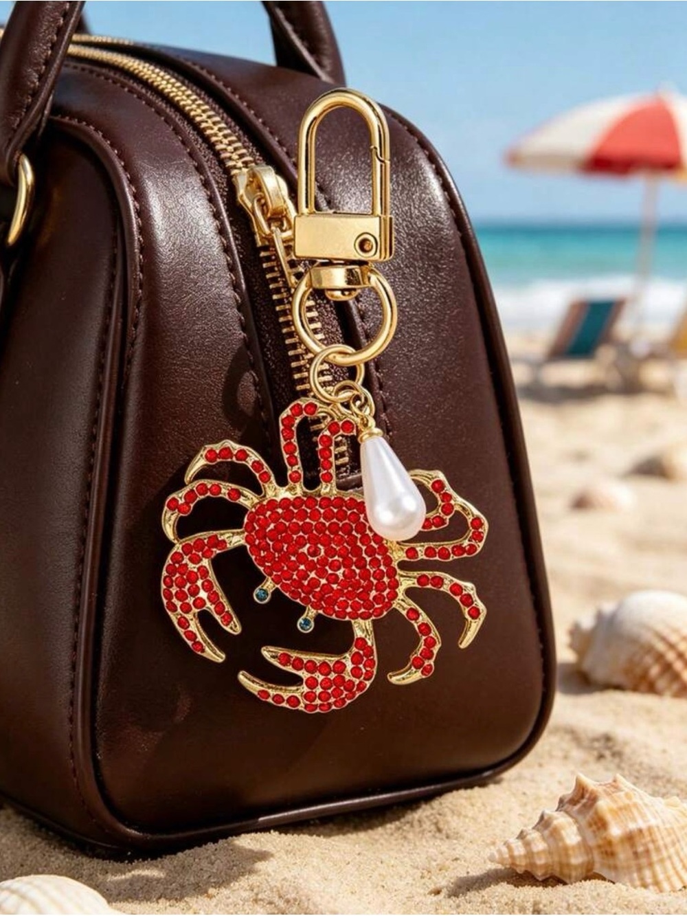 Gold-Tone Red Crystal Crab Bag Charm with Pearl Accent - Picture 5 of 8